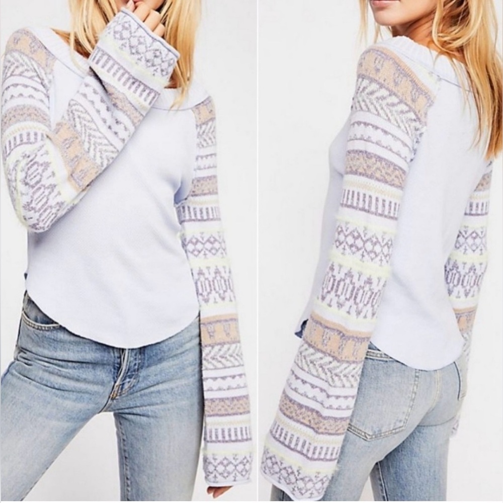Free People Pastel Lavender Crewneck Sweater with Patterned Sleeves